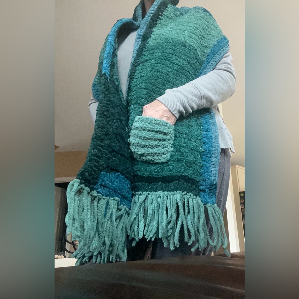 Handmade crochet green ombre pocket shawl wrap cozy fringe sweater scarf